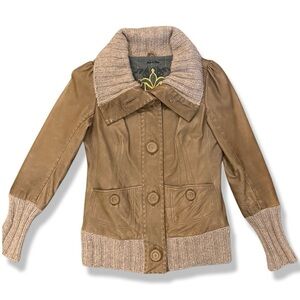 MACKAGE Tan Leather & Knit Sweater Jacket